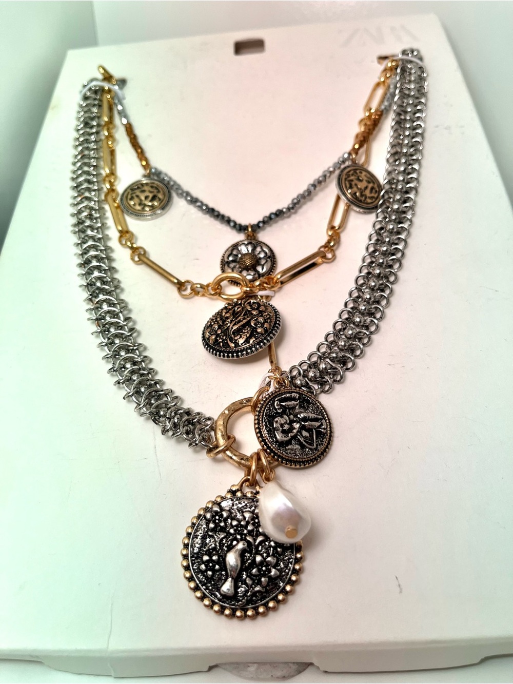 Zara Set of 3 Chains With Medallions Golden/Silver Charm Floral Bird Faux Pearl - Picture 4 of 5